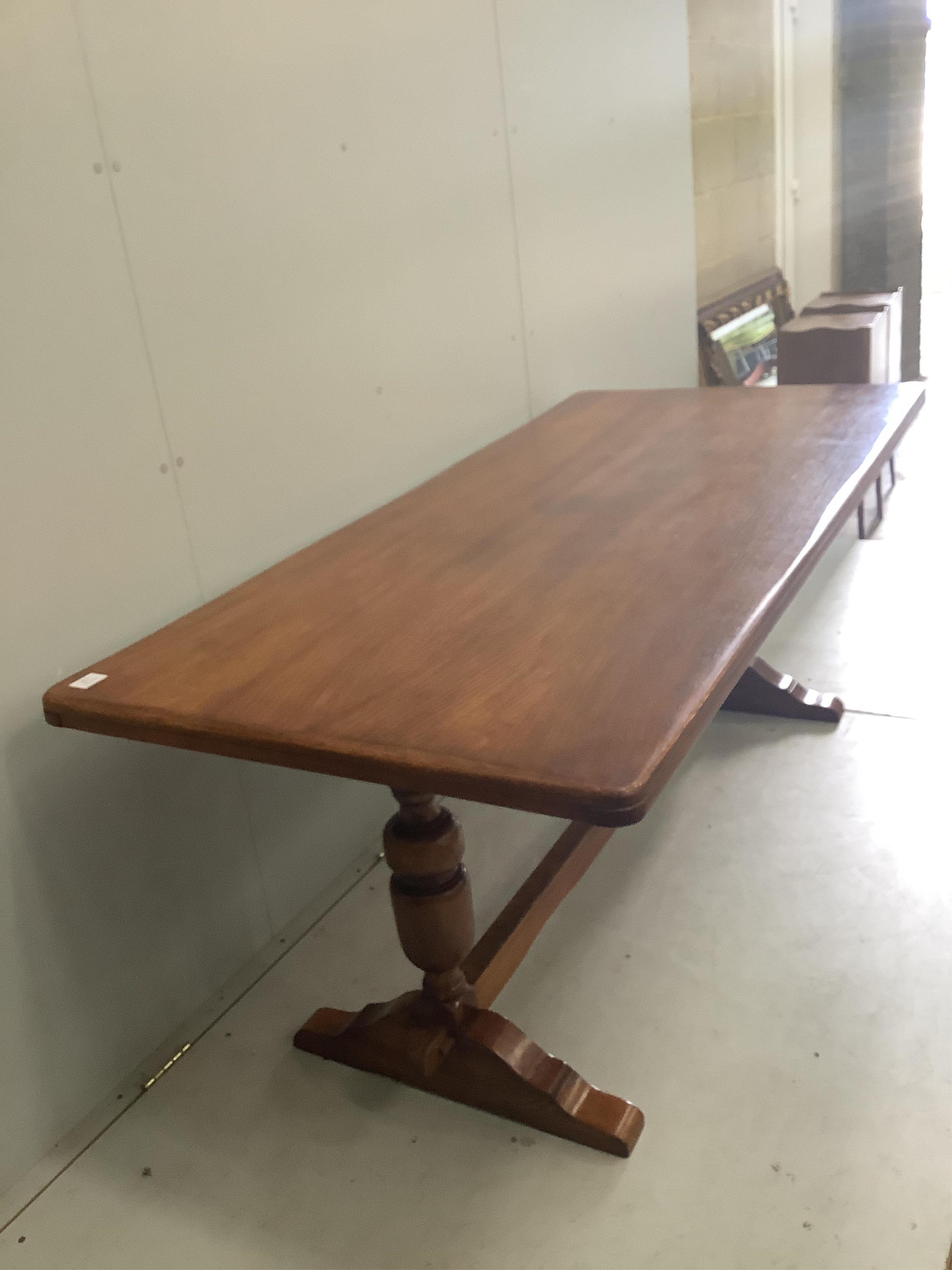 An 18th century style rectangular oak refectory dining table, width 182cm, depth 83cm, height 71cm together with six early 20th century oak dining chairs